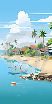 Vivid And Minimalist Small Harbour Artwork In Thailand - Vector Illustration