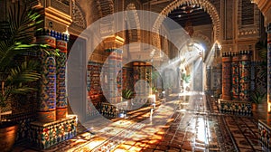 Vivid moroccan riad interior with zellige tilework and sunlit mosaic, architectural photography