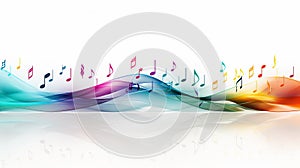 Vivid multicolored music background with neural network flying notes on white backdrop