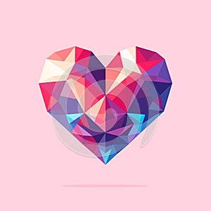 Vivid multicolored polygonal heart on pink background, vector illustration