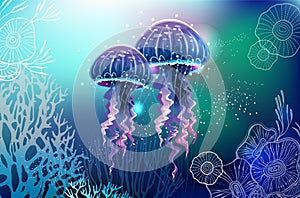 Vivid neon light illustration of jellyfish