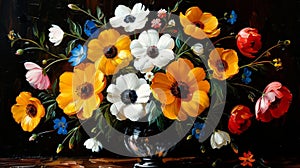 Vivid oil painting captures the vibrant beauty of spring flowers blooming majestically in a delicate vase, adorning your wall with