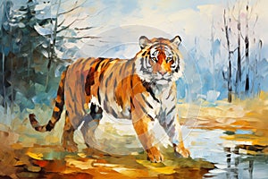 Vivid oil painting of a majestic tiger in the untamed wilderness, surrounded by lush greenery