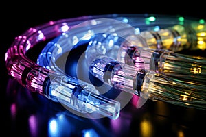 Vivid optic cable illuminates data flow. Seamless connectivity in a spectrum of colors, showcasing modern high-speed