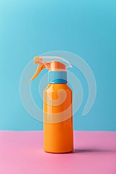 Vivid orange sunscreen bottle on gentle background with ample space for text placement