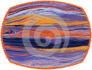 Vivid oval carpet, rug, mat, tapestry with grunge striped wavy pattern and rough frame in blue, orange colors isolated on white