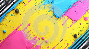 Vivid Paint Splatter Background Abstract Design with Pink, Blue, Yellow, Splatters and Stripes photo