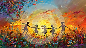 A vivid painting depicts children holding hands against a sunset backdrop.