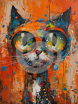 A vivid painting featuring a small to mediumsized cat with green eyes