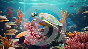 Vivid Photorealistic Rendering Of Turtle In Ocean With Coral