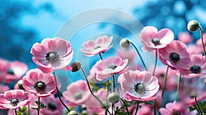 Pink anemone flowers on blue sky background, close-up