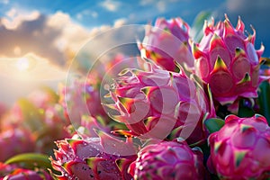 Vivid Pink Dragon Fruit Flowers Bathed in Sunlight on Bright, Sunny Day with Fluffy Clouds and Blue Sky