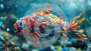 Vivid plastic bottle fish art symbolizing ocean pollution and environmental degradation