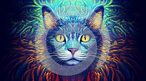 Vivid psychedelic cat face with saturated multicolored fur captivating mystique of feline beauty