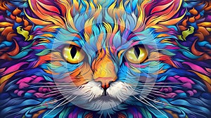 Vivid psychedelic cat face with saturated multicolored fur captivating mystique of feline beauty