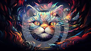 Vivid psychedelic cat face with saturated multicolored fur captivating mystique of feline beauty