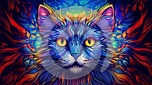 Vivid psychedelic cat face with saturated multicolored fur captivating mystique of feline beauty