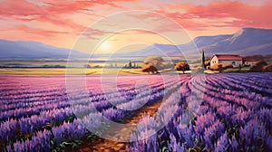 Vivid Purple Fields At Sunset: A Stunning Oil Painting Inspired By Tim Hildebrandt And Kerem Beyit