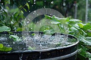 Vivid rain shower over a verdant garden, droplets splashing on a dark water barrel filled with leafy plants.