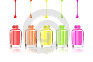 Vivid Rainbow nail polish bottles. Multicolored drips isolated on white background. Vector illustration eps10: mesh and gradient.