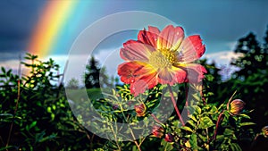 Vivid Rainbow Symphony: Flowers Flourish Against a Colorful Backdrop, generative ai