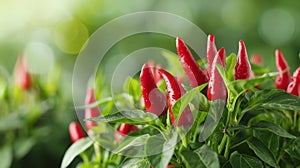 Vivid red chilli peppers maturing beautifully on healthy plants in a vibrant greenhouse setting