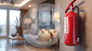 Red Fire Extinguisher Mounted on Wall in Modern Home Interior. Safety Equipment in Domestic Setting. Essential Fire photo