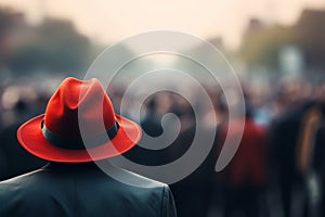 Vivid red hat commands attention amid hazy crowd backdrop