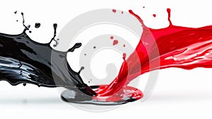 A vivid red liquid collides with a deep black liquid, creating a dramatic and mesmerizing splash in the background paint