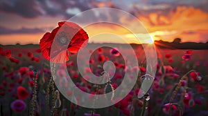 Vivid Red Poppies Bloom With A Lustrous Sunset Behind, Symbolizing Remembrance And Peace