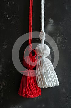 Vivid red and pure white Martisor tassels against dark textured grunge background. Moldavian, Romanian tradition 1 March