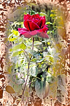 Vivid red rose with drops of dew on the petals