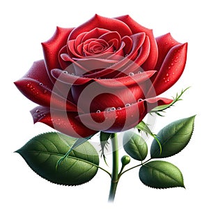 Vivid Red Rose with Soft Petals and Green Leaf, Symbol of Love and Beauty