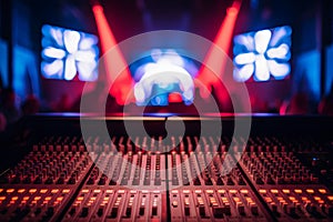 A vivid red sound console in a stage setting with blue lighting