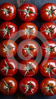 Vivid red tomatoes arranged artistically in professional advertising photo