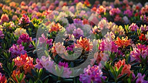 Vivid rhododendrons blooming in a colorful field, bursting with life after winter