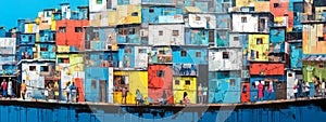 A vivid riverside favela in South America with a patchwork of colorful houses reflecting on the water, people engaging