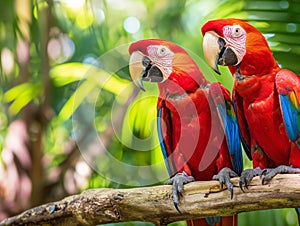 Vivid Scarlet Macaws on Branch