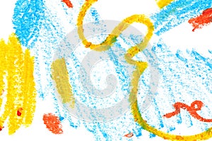 Vivid scribbles abstract hand drawn pastel illustration. Blue and yellow paint swirl, zig zag, stains.