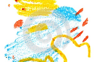 Vivid scribbles abstract hand drawn pastel illustration. Blue and yellow paint swirl, zig zag, stains.