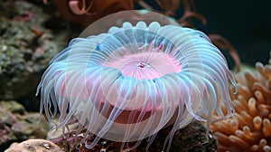 Vivid sea anemone thriving in colorful coral reef ecosystem with diverse marine life photo