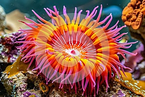 Vivid sea anemone thriving in a mesmerizing and diverse underwater coral reef environment