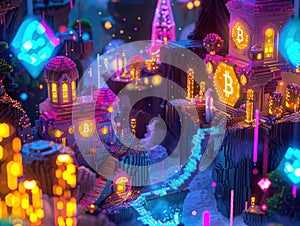 A vivid shiny wonderworld where quantum computing meets the thrill of platformer adventures bitcoins gleaming along the path