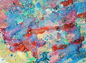 Vivid sparkling wax spots, watercolor paint, colorful hues