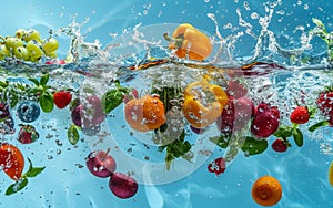 A vivid spectacle of fruits and vegetables caught in a lively splash, showcasing strawberries, apples, and peppers in an