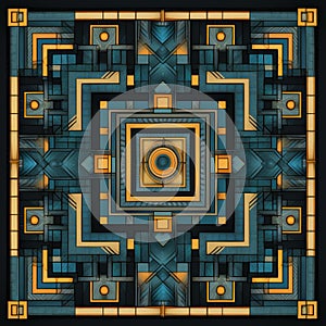 Vivid square quilt pattern, dark gold, turquoise, with precise stenciled icons, Ai Generated