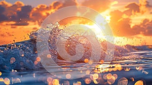 Vivid sunset ocean waves sharp details, motion blur, realistic textures for stunning photography