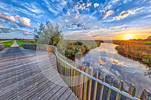 Vivid sunset over Wooden Balustrade