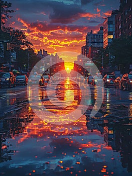 Vivid sunset reflecting on a cityscape