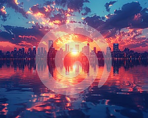 Vivid sunset reflecting on a cityscape